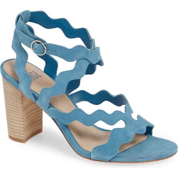 PAIGE Blue Sage Scalloped Strappy Sandals Block Heel Suede 7 NEW - Picture 6 of 12